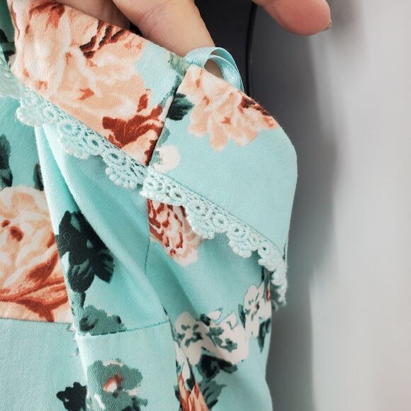 Hot Topic Pin Up Dress Mint Green with Peach Floral Halter and Back Zipper Med - Picture 4 of 7